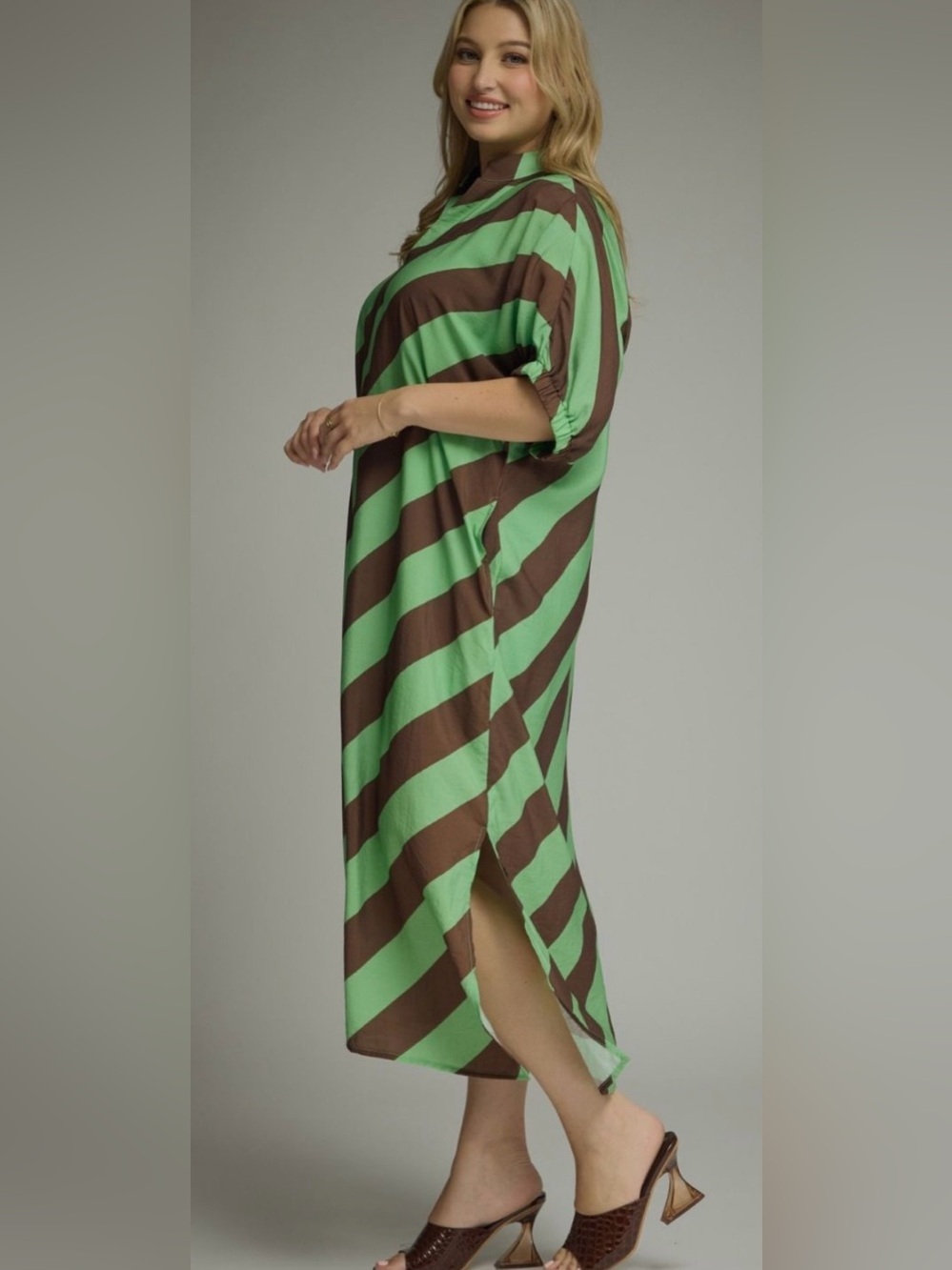 New!Entro Boutique Green & Brown Pocket Diagonal Stripe Midi Dress Size XLarge - Picture 3 of 10